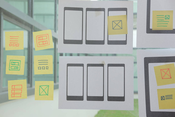 User Experience, UX-Design Web auf dem Smartphone-Tablet-Layout. ui plant mobile Anwendung. Entwickler arbeiten mit Business-Prototyp - Foto, Bild