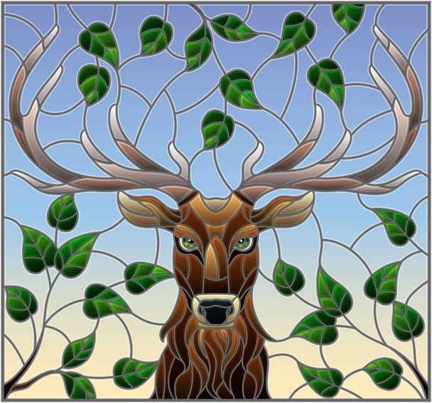 Ilustracja w stylu witrażu z głową jelenia, na tle gałęzie drzewa i niebo, prostokątny obraz - Wektor, obraz