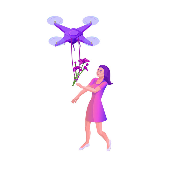 Drone szállító parcella csípő lány, quadcopter, szállítási, autonóm fénykép és video újítás technolodgy fogalmának nyitóoldalt sablont, 3D-s izometrikus sík vektoros illusztráció - Vektor, kép