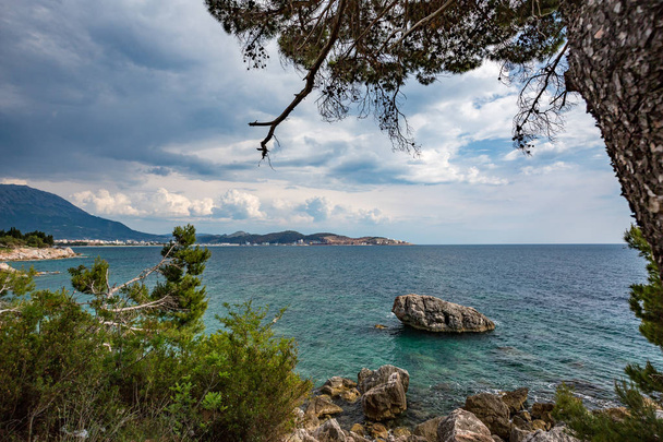 Όμορφη άνοιξη θολό τοπίο Κόλπος Κότορ, Μαυροβούνιο. Πλαισιώνεται από ένα πεύκο, δραματική συννεφιασμένο ουρανό και θάμνοι που αυξάνονται στην ακτή της Αδριατικής θάλασσας - Φωτογραφία, εικόνα