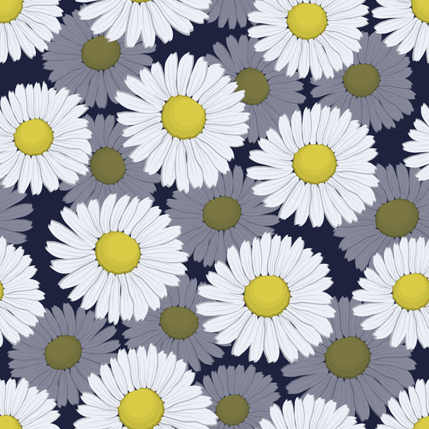 Kwiatowy wzór z kwiatów rumianku biały na tle marynarki wojennej. Bezszwowe próbki. Ilustracja wektorowa - Wektor, obraz