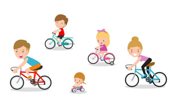 Változatos család lovaglás kerékpárok elszigetelt fehér background halmaza. Boldog család lovaglás kerékpárok elszigetelt fehér background, sport család vektoros illusztráció - Vektor, kép