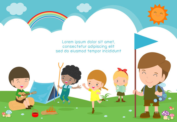 vectorillustratie van kids zomerkamp, kinderen op een Camping reis, kinderen camper tekens en kamperen op zomervakantie, sjabloon voor reclame brochure, uw tekst - Vector, afbeelding