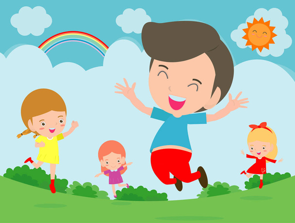 Niños saltando con alegría, niños saltando felices, niños de dibujos animados felices jugando afuera, niños jugando en el fondo, ilustración vectorial
 - Vector, imagen