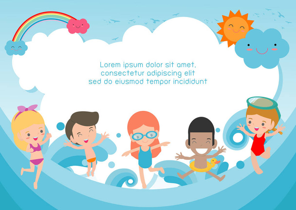 Groep van kinderen springen op het strand in zwembroek, sjabloon voor reclame brochure, uw tekst, kinderen en frame, kind en frame, vectorillustratie - Vector, afbeelding