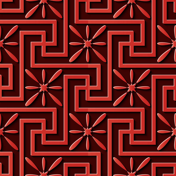 Seamless relief sculpture decoration retro pattern red spiral vortex cross frame flower. Ideal for greeting card or backdrop template design - Вектор, зображення