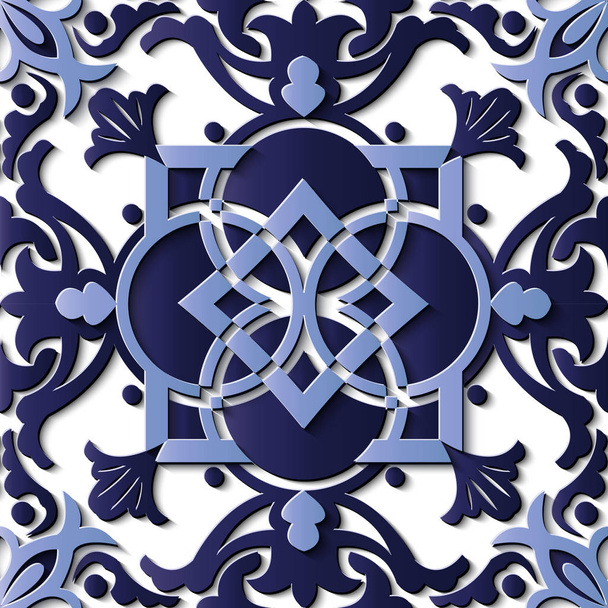シームレスなレリーフ彫刻装飾レトロ パターン青のラウンド クロス フレーム花紋万華鏡。グリーティング カードや背景のテンプレート デザインに最適 - ベクター画像