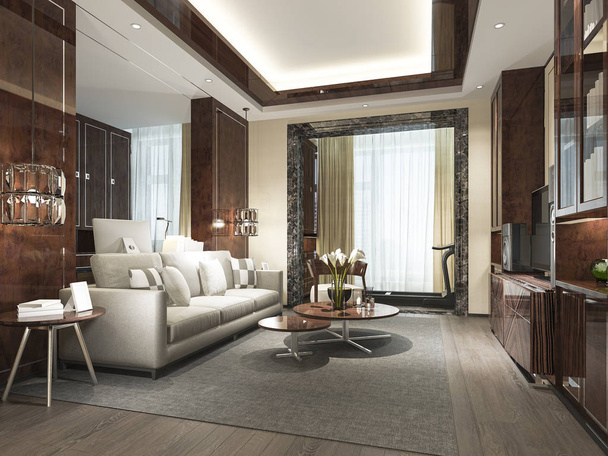 3d representación de madera clásica sala de estar con baldosas de mármol y estante - Foto, Imagen