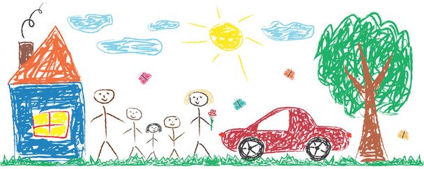 Gyermekek vidám családi ház, fa, autó, rajz a nap. Színes elszigetelt vektoros illusztráció - Vektor, kép