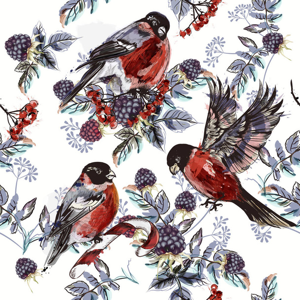 Christmas pattern with rowan, berries and birds - Wektor, obraz