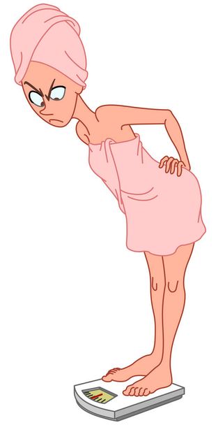 Недовольная женщина в полотенце, стоящая на весах после душа
 - Вектор,изображение