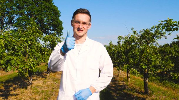 A young handsome (male) biologist or agronomist, wearing a white coat, wearing goggles, wearing blue rubber gloves, walks across the apple tree, the background of nature and greenery. - Photo, Image