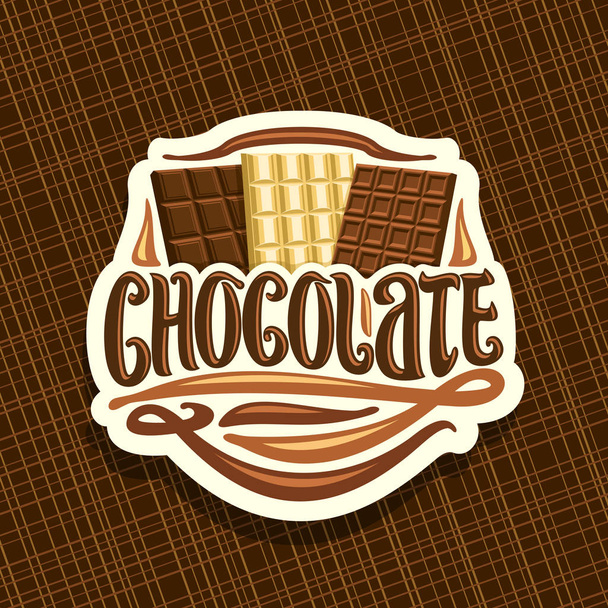 Logo vectoriel pour chocolat, panneau décoratif en papier découpé avec choix de 3 types différents de barres de chocolat premium entières, lettrage au pinceau original pour le mot chocolat, ensemble de desserts au cacao variété
. - Vecteur, image