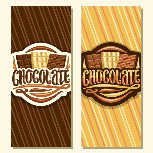 Bannières vectorielles pour chocolat, dépliants avec choix de 3 différents types de barres de chocolat premium entières sur fond rayé, police de caractères originale pour le mot chocolat, ensemble de desserts au cacao variété
 - Vecteur, image