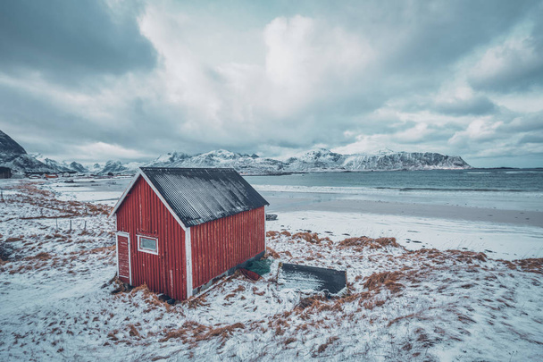 Red rorbu house shed on beach of fjord, Norway - Foto, afbeelding