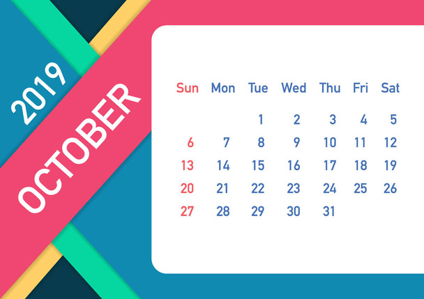 Octubre 2019 Hoja de calendario. Calendario 2019 en estilo plano. Tamaño A5. Ilustración vectorial
. - Vector, imagen