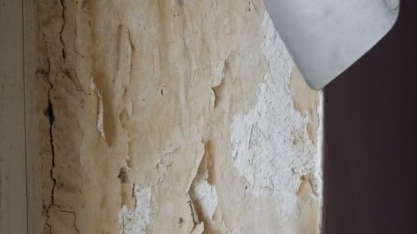 Papel de parede decrépito na parede, reparação home, Homem descascando papel de parede velho com espátula especial
. - Filmagem, Vídeo