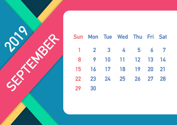September 2019 kalender blad. Kalender 2019 in vlakke stijl. A5-formaat. Vectorillustratie. - Vector, afbeelding