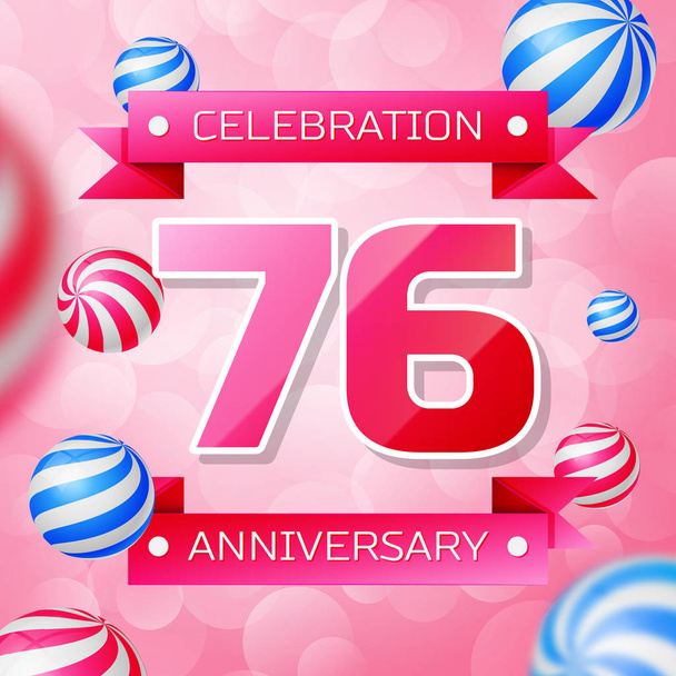 現実的な 70 6 年周年記念デザインのバナー。ピンクの数字とピンクのリボン、ピンクの背景の吹き出し。あなたの誕生日パーティーのためのカラフルなベクトル テンプレート要素 - ベクター画像