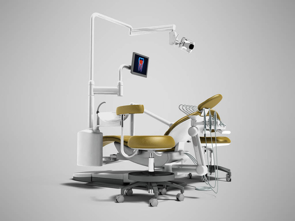 Moderna sedia dentale in oro con borace con illuminazione e monitor per il lavoro rendering 3d su sfondo grigio con ombra
 - Foto, immagini