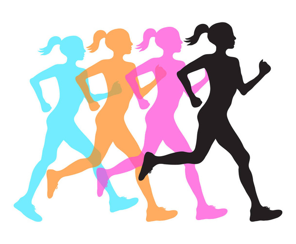 négy sziluettje futás nők profil fekete, narancs, rózsaszín és kék overlay, fitness koncepció, vektor eps10 illusztráció. - Vektor, kép