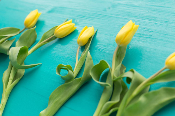 Nature, holidays and decoration concept - Yellow tulips lying on blue background - Fotó, kép