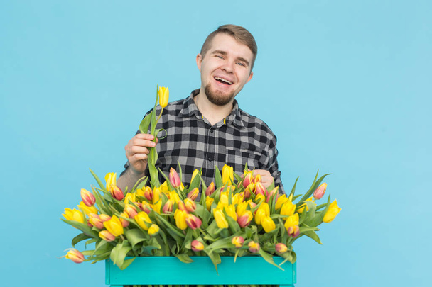 Handsome caucasian male gardener making a bouquet of tulips in blue studio. - Photo, Image