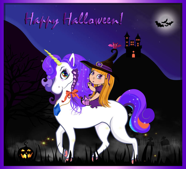 Happy Halloween cartoon greeting card with cute baby witch girl on beautiful magical unicorn on night full moon scary landscape background with castle, bats, cemetery and jack. Vector illustration. - Vector, Image
