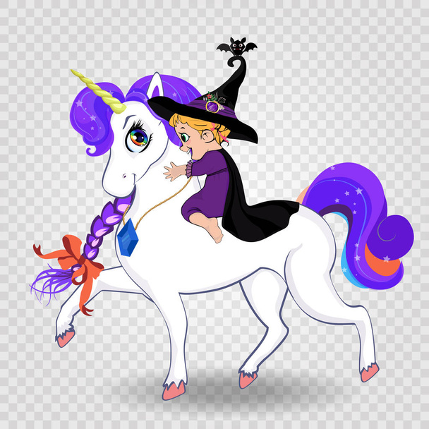 Roztomilá holčička čarodějnice v černém klobouku a fialové kostýmu na koni krásný kouzelný jednorožec, samostatný. Halloween vektorové klip umění znaky pro blahopřání, děti design, tričko tisk, knižní ilustrace - Vektor, obrázek