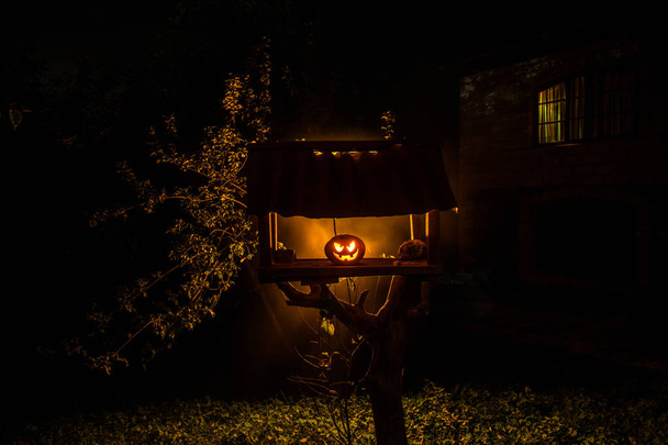 Pumpkin Burning In Forest At Night - Halloween Background. Scary Jack o Lantern smiling and glowing pumpkin with dark toned foggy background. Selective focus - Photo, Image