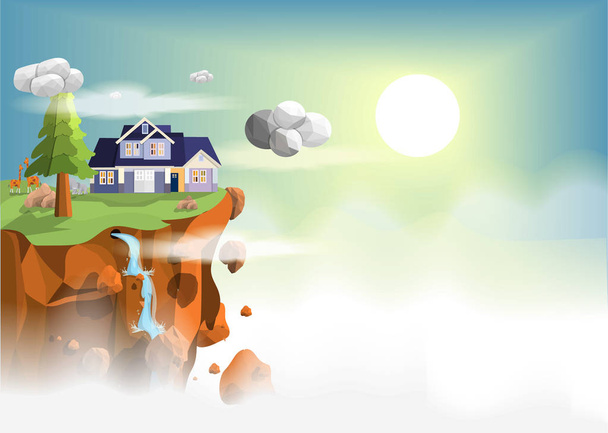 House on mountain peaks,beautiful house on the valley in the mist and white clouds to receive the morning sun.geometric and triangle, low poly effect,polygon design,vector art and illustration. - Vector, Image