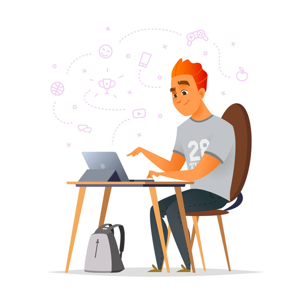 A boy sits at a desk and learns. Educational concept. Cartoon character design of student. - Vector, Image