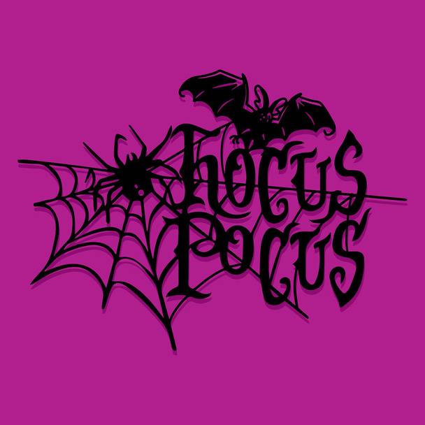 Μια εικονογράφηση φορέας ενός χαρτιού κομμένα σιλουέτα ευτυχής Απόκριες hocus pocus φράση με ιστό αράχνης και ρόπαλο. - Διάνυσμα, εικόνα