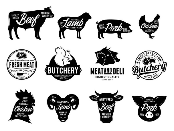 肉屋のベクトルのロゴのセットです。食料品、肉店、肉屋、パッケージ、広告用のファーム動物シルエットとアイコン コレクション. - ベクター画像