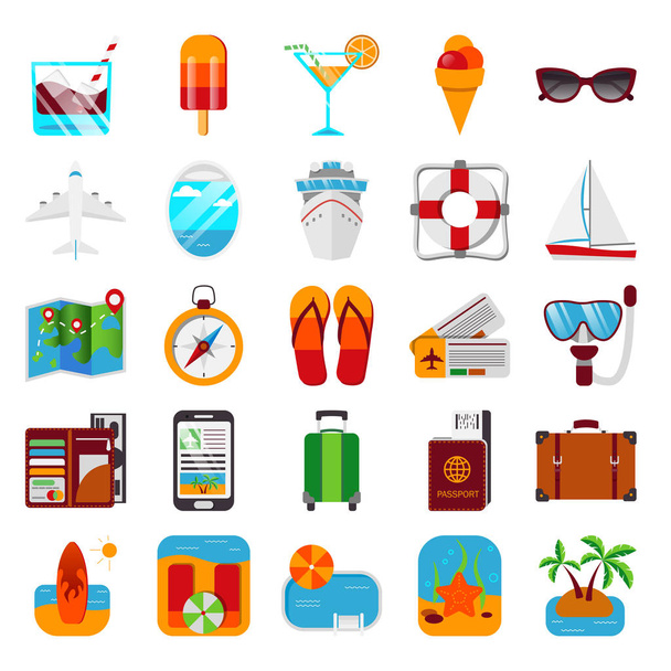 Kleurrijke set voor reizen icons in platte stile geïsoleerd op wit. Vectorillustratie. De pictogrammen van de cruise. Vakantie pictogrammen. - Vector, afbeelding