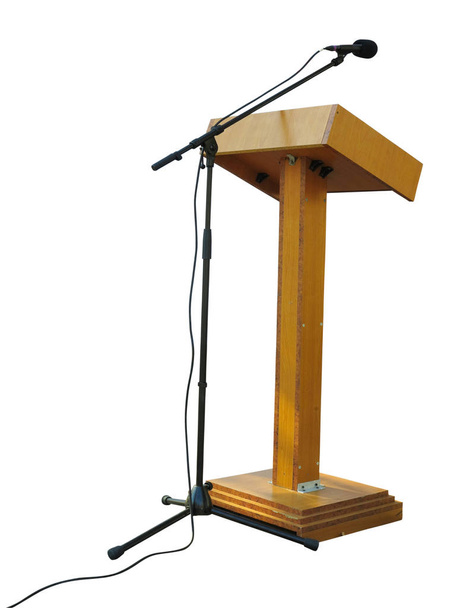 Fából készült Pódium tribune állvány Szónoki emelvény, mikrofon, elszigetelt fehér háttér felett - Fotó, kép