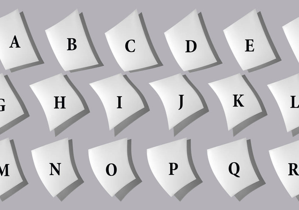 Абстрактный коллаж листов бумаги с буквами английского алфавита на сером фоне
 - Фото, изображение