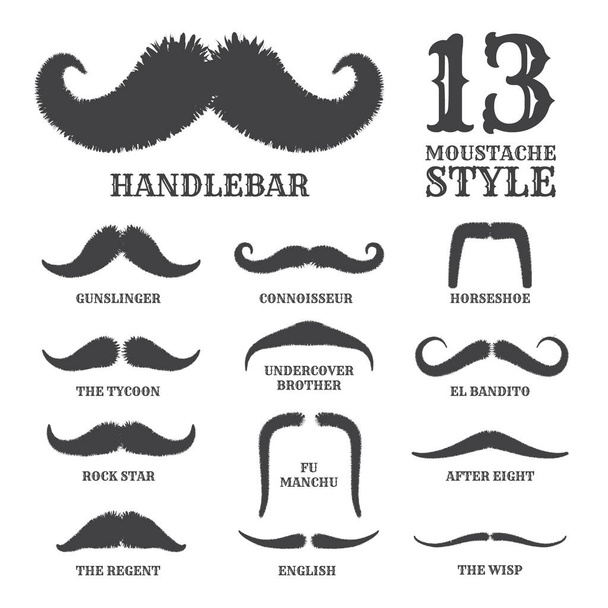 Isolated Silhouette Moustache Collection With Name of Style. Vector Illustration - Vector, Image