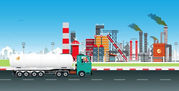 Водитель грузовика с нефтеперерабатывающим заводом на заднем плане
 - Вектор,изображение