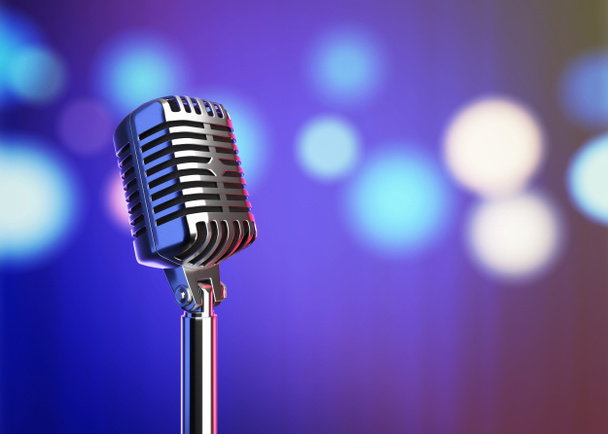 Micrófono retro en el escenario con luces borrosas. Ilustración 3D
 - Foto, Imagen