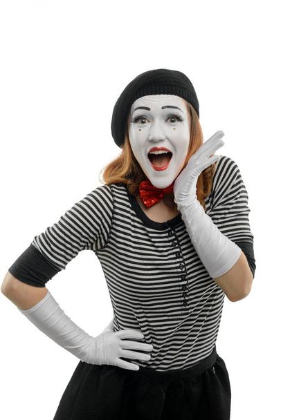 Happy female mime on white - Foto, imagen