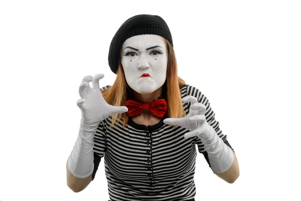 Angry female mime on white - Foto, Imagen