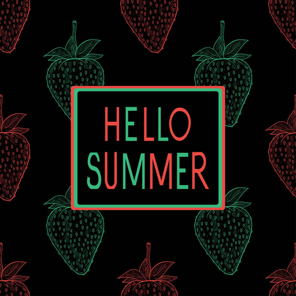 Hello summer. Background with strawberries. Template, postcard. Texture, seamless. A cheerful flyer.  - ベクター画像