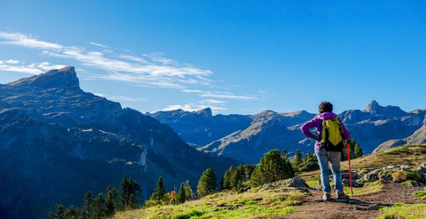 Una donna escursionista che cammina sui Pirenei vicino al Pic Ossau
 - Foto, immagini