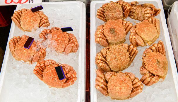 Crab Włochate świeżego lub kegani na lodzie dla sprzedawane w Asaichi rano rynku, Selektywny fokus - Zdjęcie, obraz