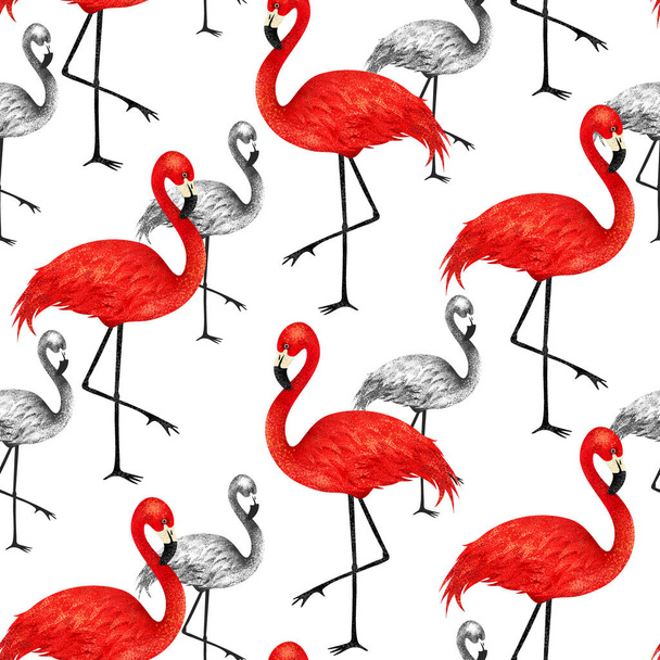 Популярная печать в современном стиле с красным и черным фламинго. Модный бесшовный рисунок
. - Фото, изображение