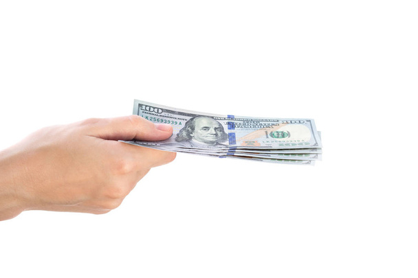 Женщина держит банкноту доллара на белом фоне изолировать
 - Фото, изображение