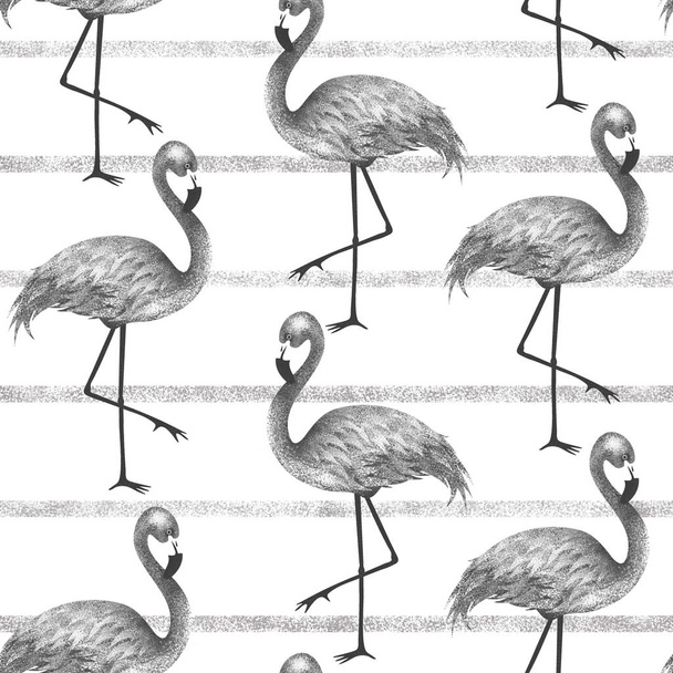Popular modern style print with flamingo. Trendy seamless pattern. Paint illustration. Black and white backdrop with birds. - Zdjęcie, obraz
