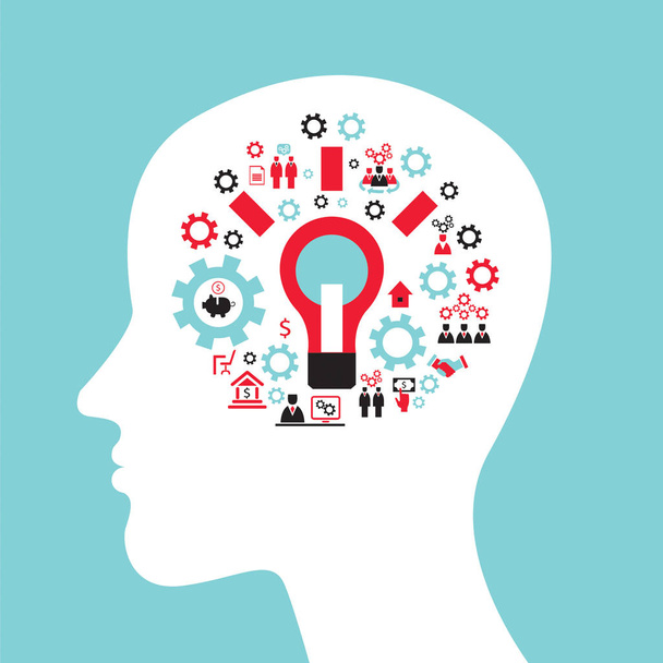 Инфографическая концепция с головным профилем, мозгом, шестернями и бизнес-иконами. Векторная иллюстрация
 - Вектор,изображение