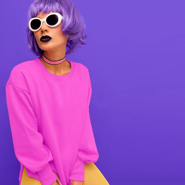 Life is colorful. Fashion Girl with purple hair and bright stylish outfit - Фото, зображення